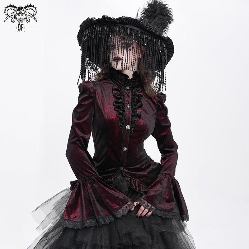 Gothic Lace-Up Victorian Blouse with Bell Sleeves & Ruffles