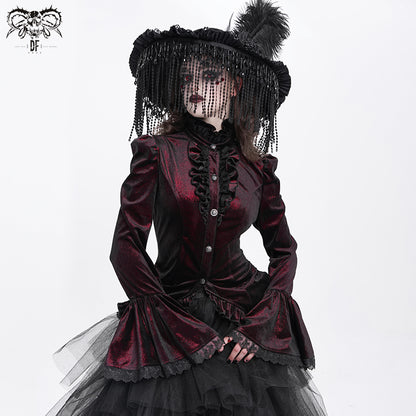 Gothic Lace-Up Victorian Blouse with Bell Sleeves & Ruffles