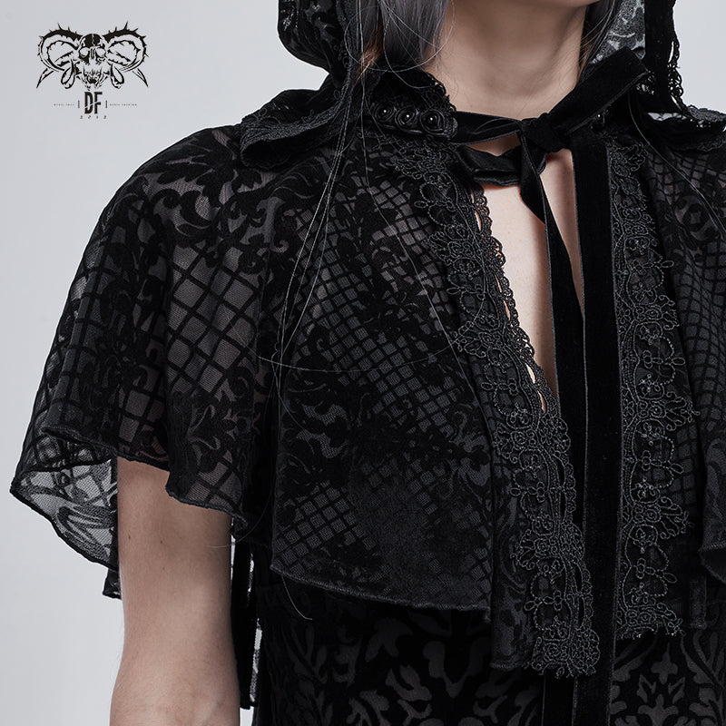 Gothic Short Hooded Cape with Floral Mesh Cape