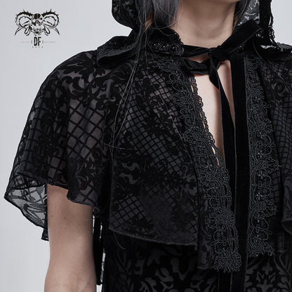Gothic Short Hooded Cape with Floral Mesh Cape