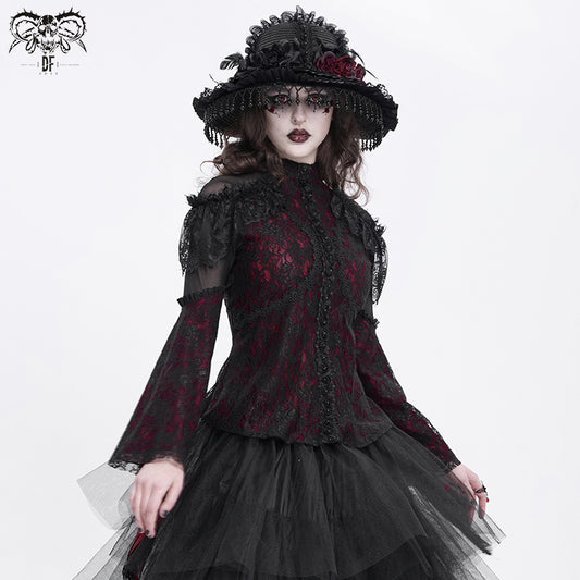 Gothic Blouse with Ruffled Lace and High Collar