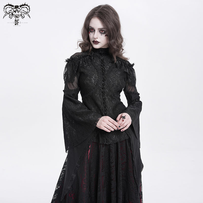Gothic Blouse with Ruffled Lace and High Collar