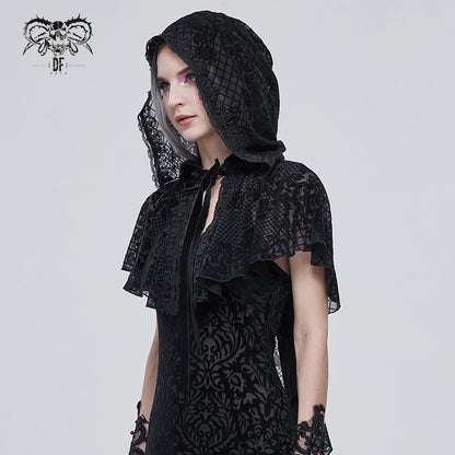 Gothic Short Hooded Cape with Floral Mesh Cape