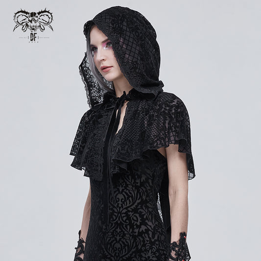 Gothic Short Hooded Cape with Floral Mesh Cape