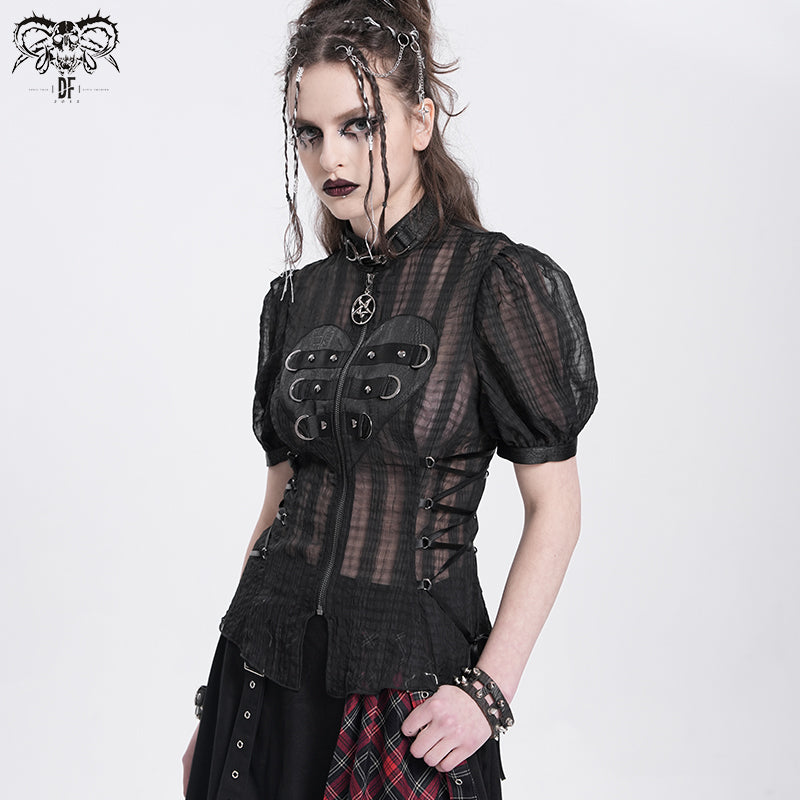Gothic Black Heart Cut-Out Lace-Up Short Sleeves Blouse