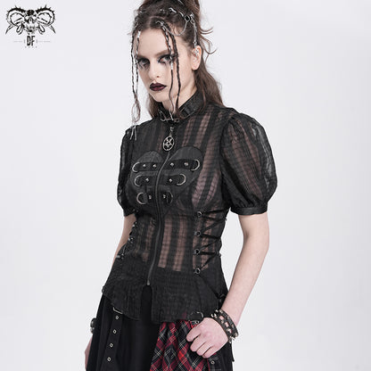 Gothic Black Heart Cut-Out Lace-Up Short Sleeves Blouse