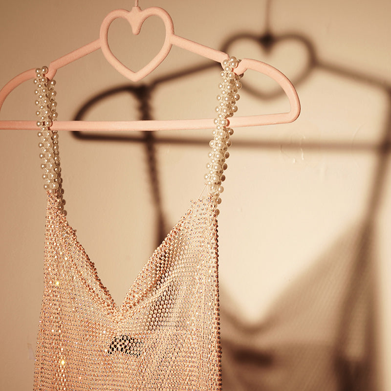 Pink Diamond Mesh Slip Dress with Pearl Straps