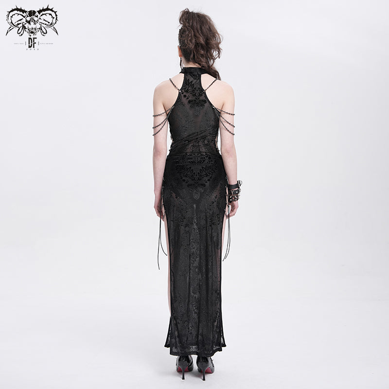 Gothic Chain-Strap Sleeveless Maxi Dress