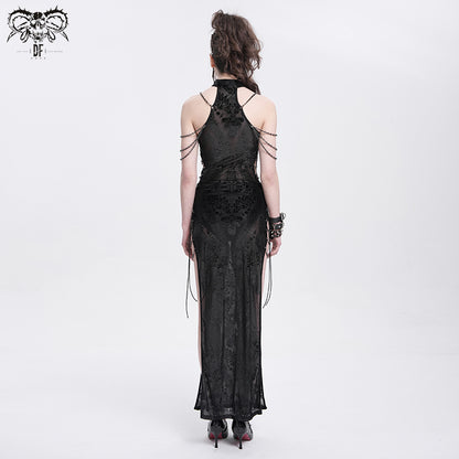 Gothic Chain-Strap Sleeveless Maxi Dress