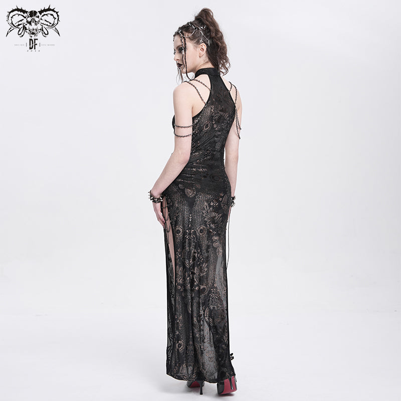 Punk Sleeveless Maxi Dress with Chain Straps & Floral Print