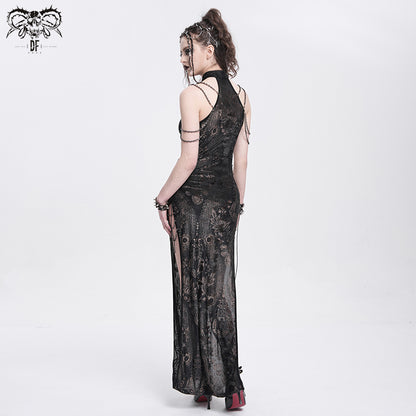 Punk Sleeveless Maxi Dress with Chain Straps & Floral Print