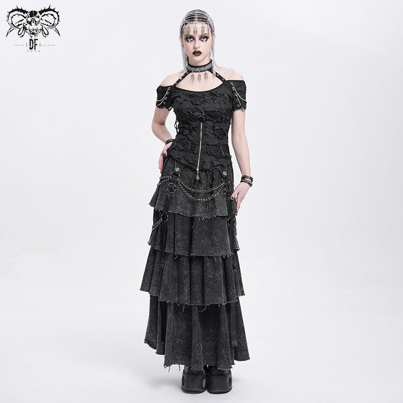 Punk Halter Neck Short Sleeve Top with zipper