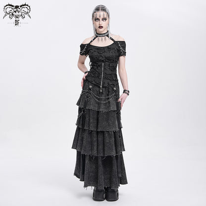 Punk Halter Neck Short Sleeve Top with zipper