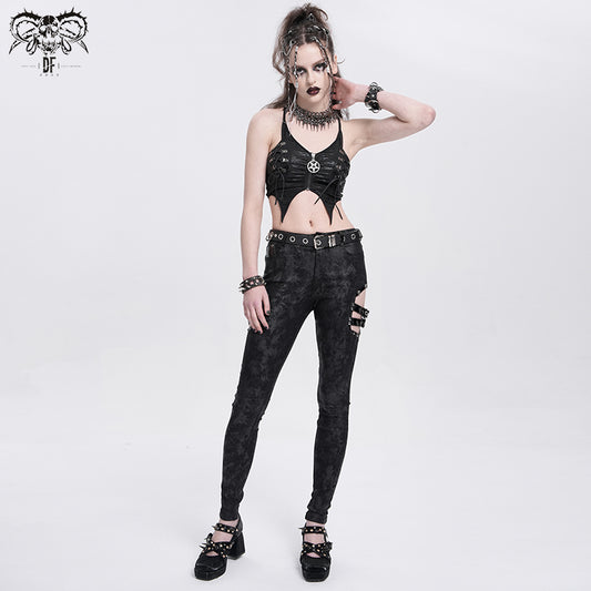 Punk Dark Print Cutout Pants with Side Straps
