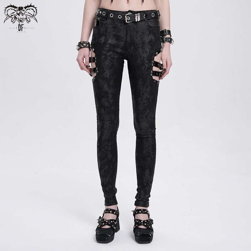 Punk Dark Print Cutout Pants with Side Straps