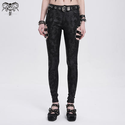 Punk Dark Print Cutout Pants with Side Straps