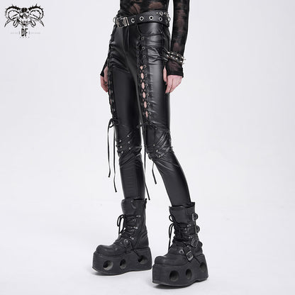 【IN STOCK】Punk Faux Leather Lace-Up Pants