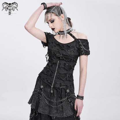 Punk Halter Neck Short Sleeve Top with zipper