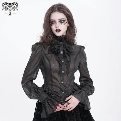 Gothic Sheer Victorian Lace Ruffled Blouse with Back Corset