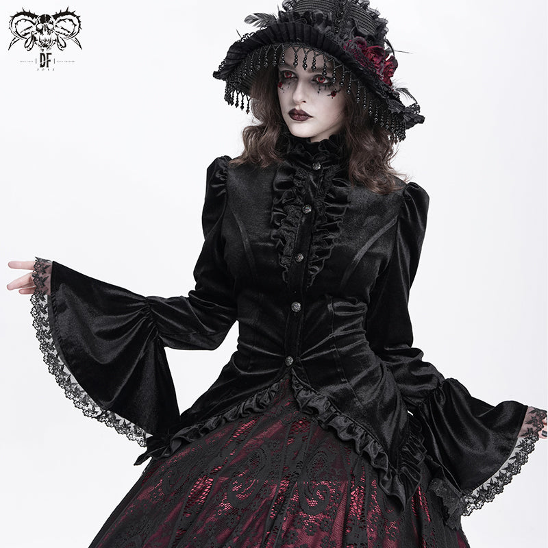 Gothic Lace-Up Victorian Blouse with Bell Sleeves & Ruffles