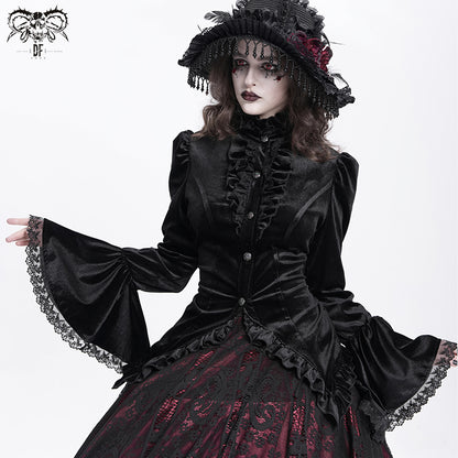 Gothic Lace-Up Victorian Blouse with Bell Sleeves & Ruffles