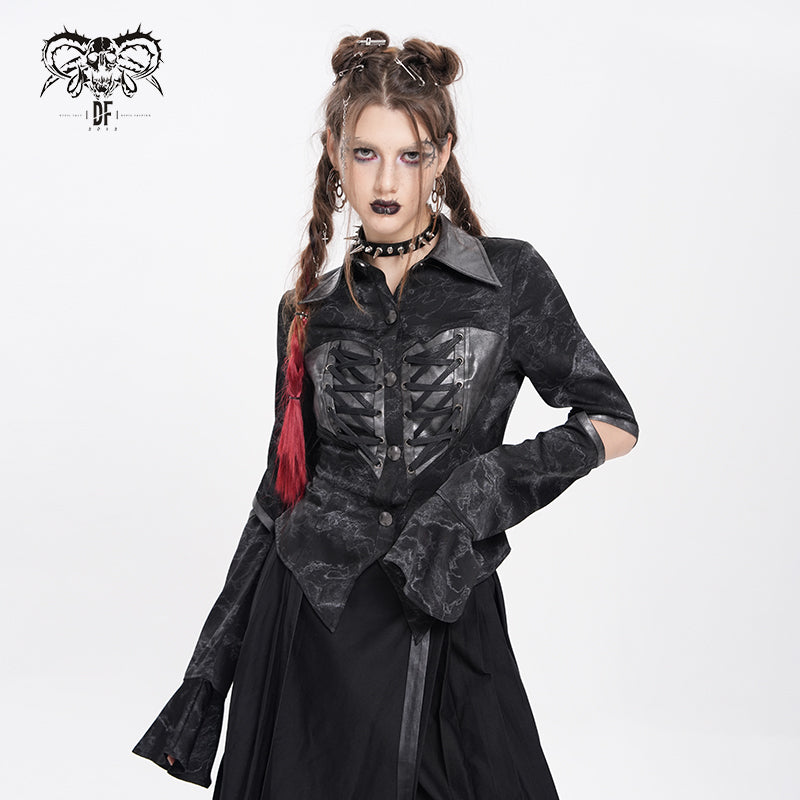 【IN STOCK】Women's Punk Printed Cutout Turtleneck Shirt