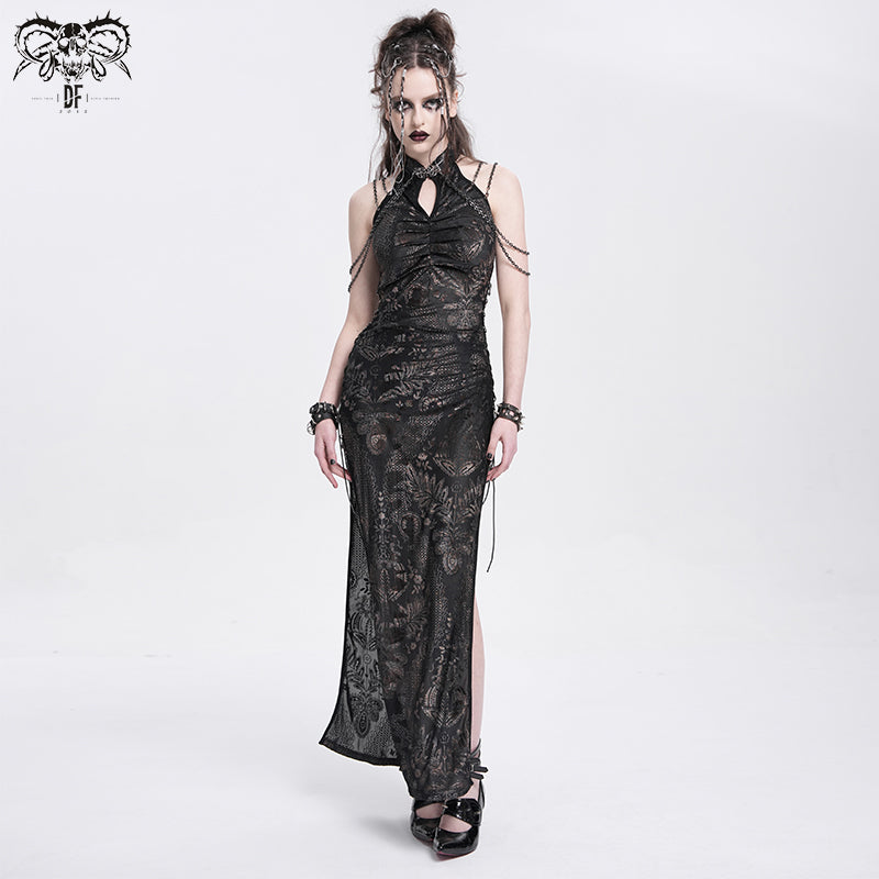 Punk Sleeveless Maxi Dress with Chain Straps & Floral Print