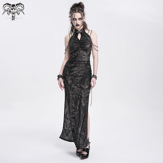 Punk Sleeveless Maxi Dress with Chain Straps & Floral Print