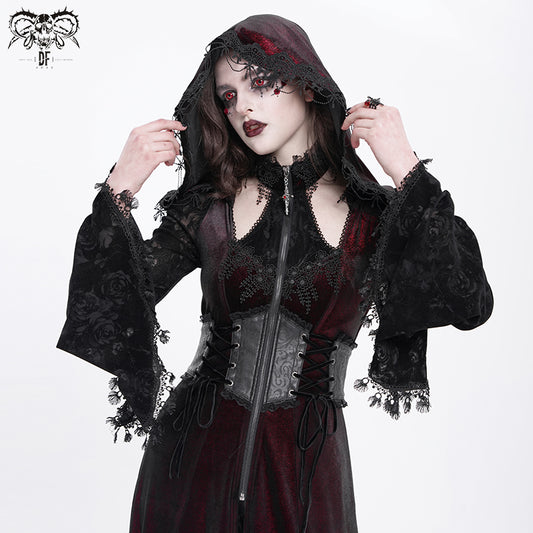 Dark Elegant Coat with Lace Sleeves and Hood