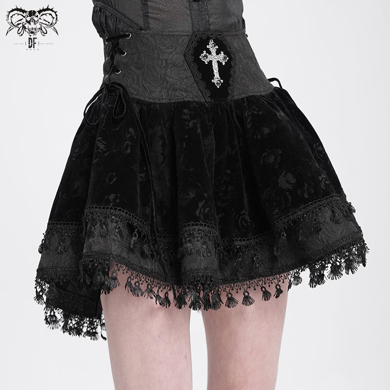 Gothic Lace-Up Velvet Skirt with Cross Accents