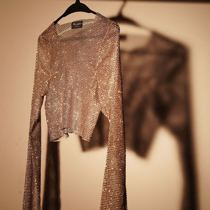 Gold Crystal-Embellished Long Sleeve Top