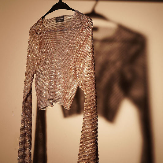 Gold Crystal-Embellished Long Sleeve Top