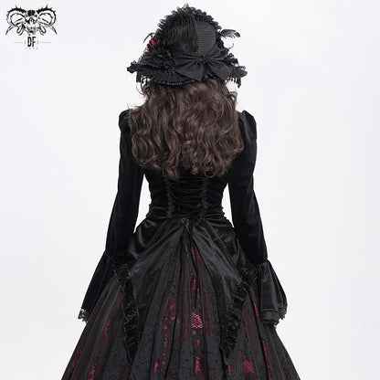 Gothic Lace-Up Victorian Blouse with Bell Sleeves & Ruffles