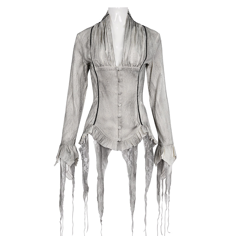 【IN STOCK】VINTAGE ELEGANT DEEP V BLOUSE/ GOTHIC LONG SLEEVE CHIFFON SHIRTS
