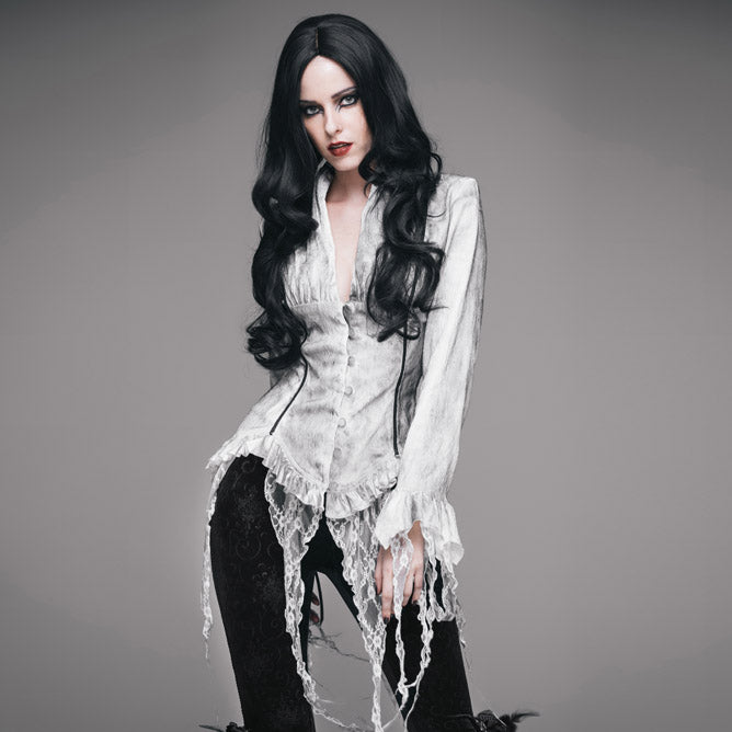 【IN STOCK】VINTAGE ELEGANT DEEP V BLOUSE/ GOTHIC LONG SLEEVE CHIFFON SHIRTS