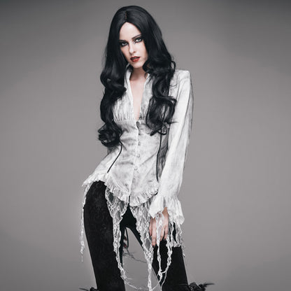 【IN STOCK】VINTAGE ELEGANT DEEP V BLOUSE/ GOTHIC LONG SLEEVE CHIFFON SHIRTS