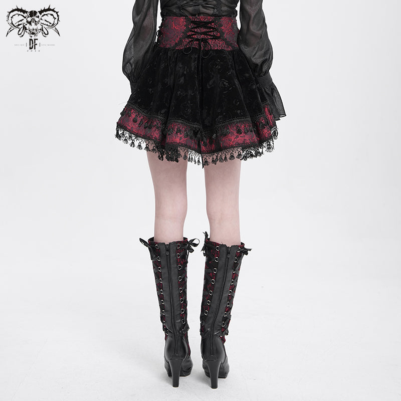 Gothic Lace-Up Velvet Skirt with Cross Accents