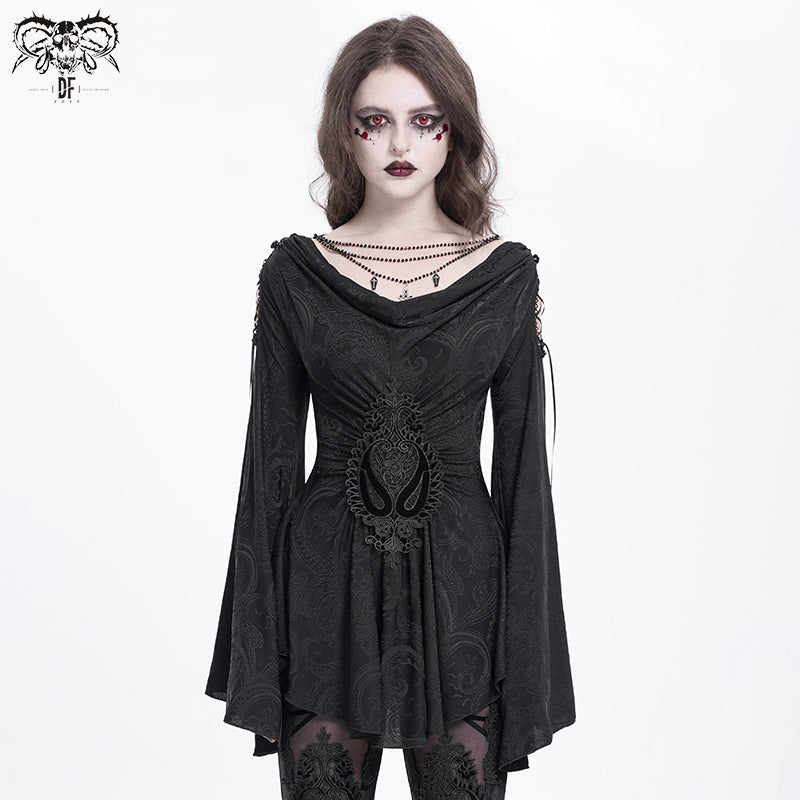 Gothic Cowl Neck Tunic with Embroidered Waist