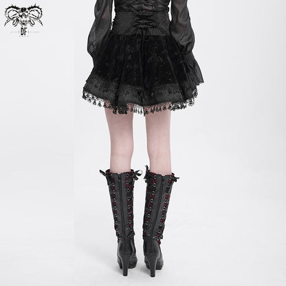 Gothic Lace-Up Velvet Skirt with Cross Accents