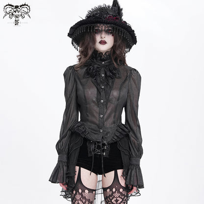 Gothic Sheer Victorian Lace Ruffled Blouse with Back Corset