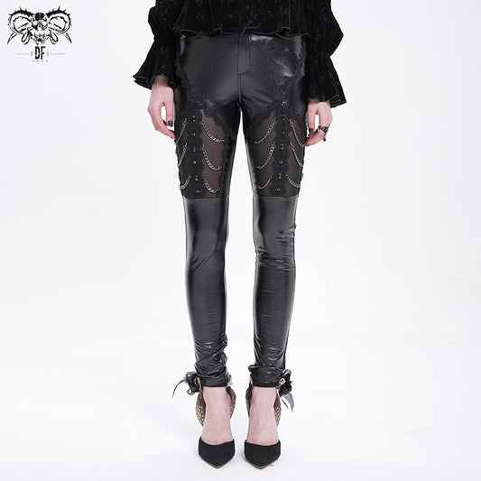 Gothic Leather Slim Pants with Chain Embellishments