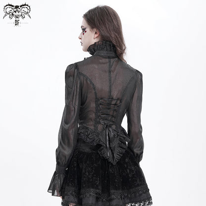 Gothic Sheer Victorian Lace Ruffled Blouse with Back Corset