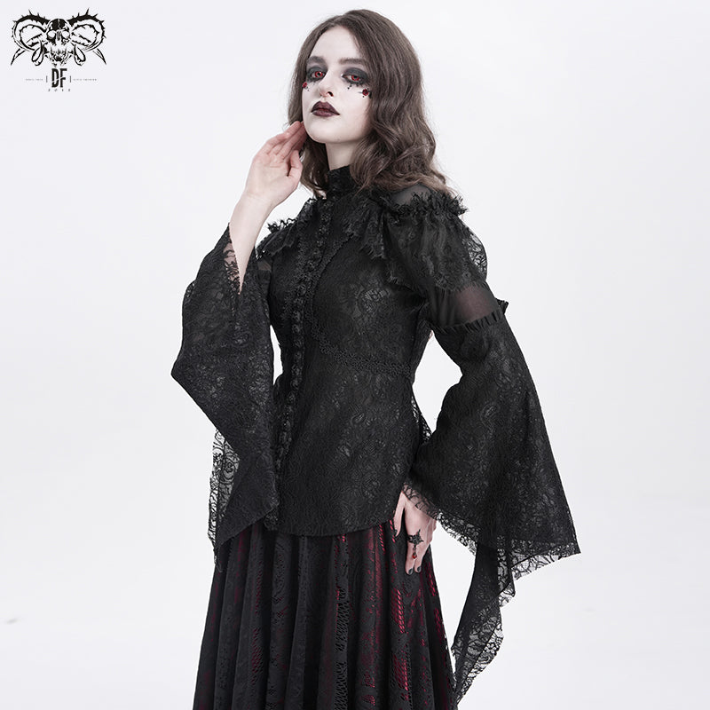Gothic Blouse with Ruffled Lace and High Collar