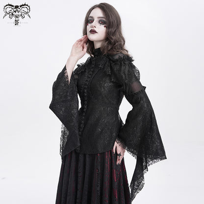 Gothic Blouse with Ruffled Lace and High Collar