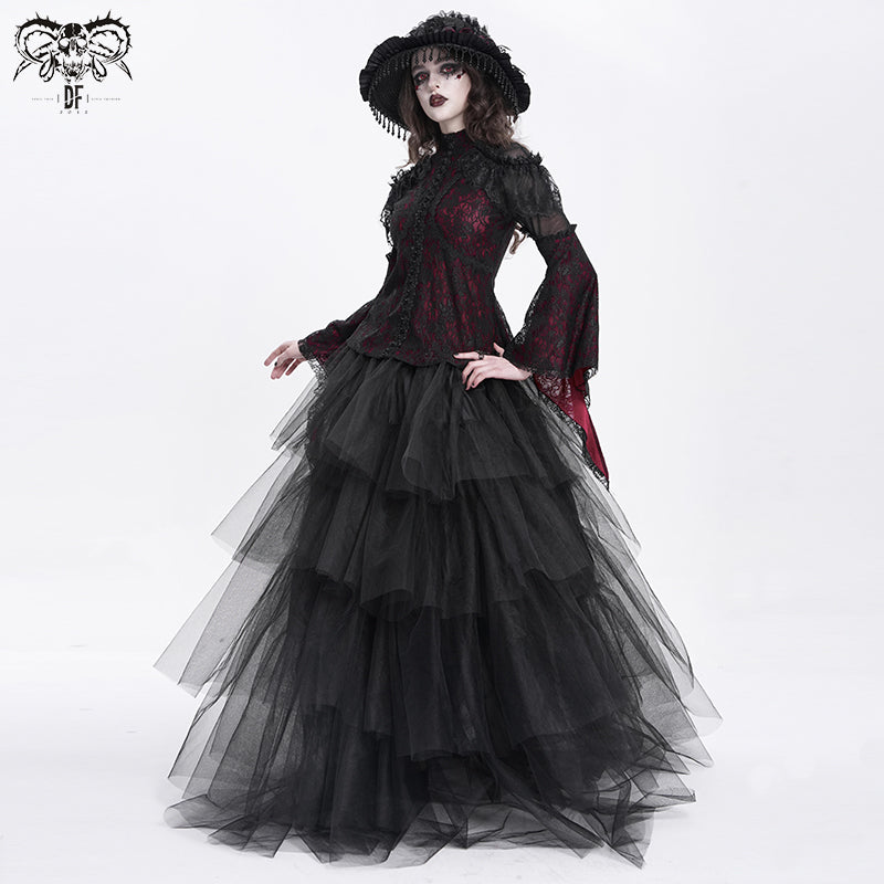 Gothic Blouse with Ruffled Lace and High Collar