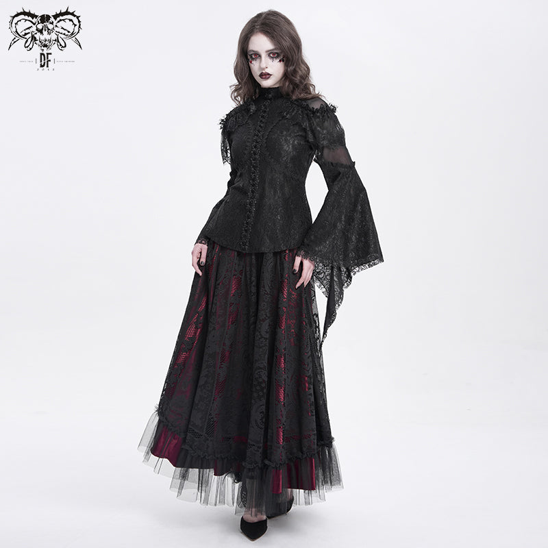 Gothic Blouse with Ruffled Lace and High Collar