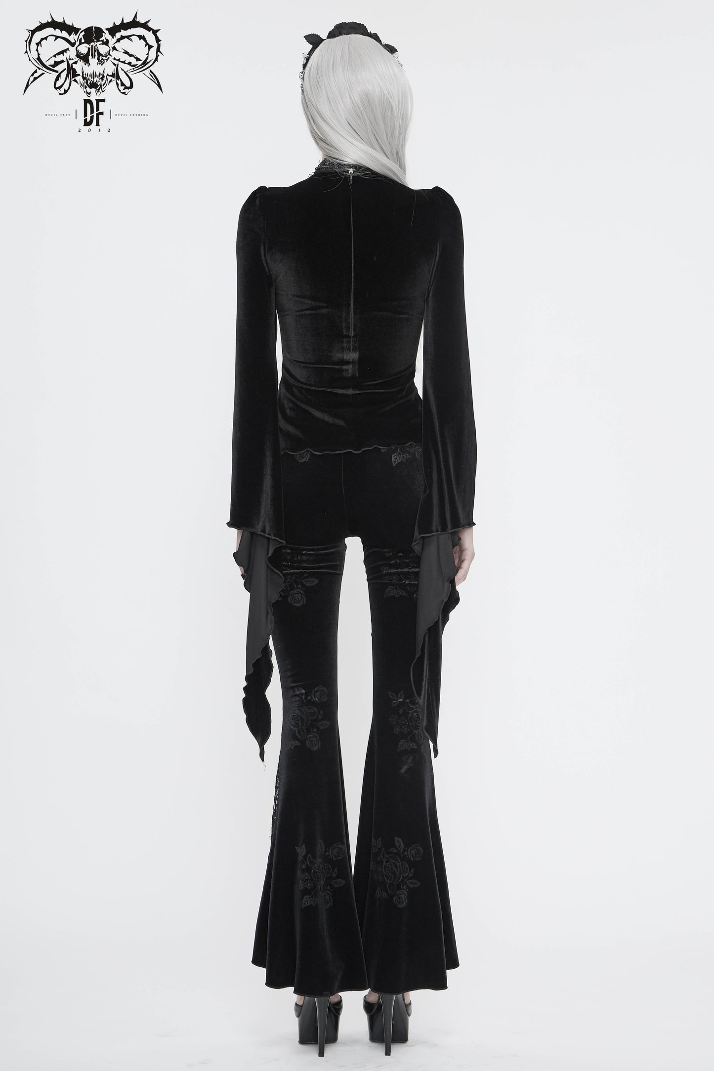 Gothic Black Velvet with Baroque Embroidered Lace Long Sleeves Transparent Tops