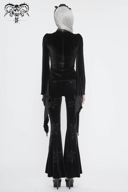 Gothic Black Velvet with Baroque Embroidered Lace Long Sleeves Transparent Tops