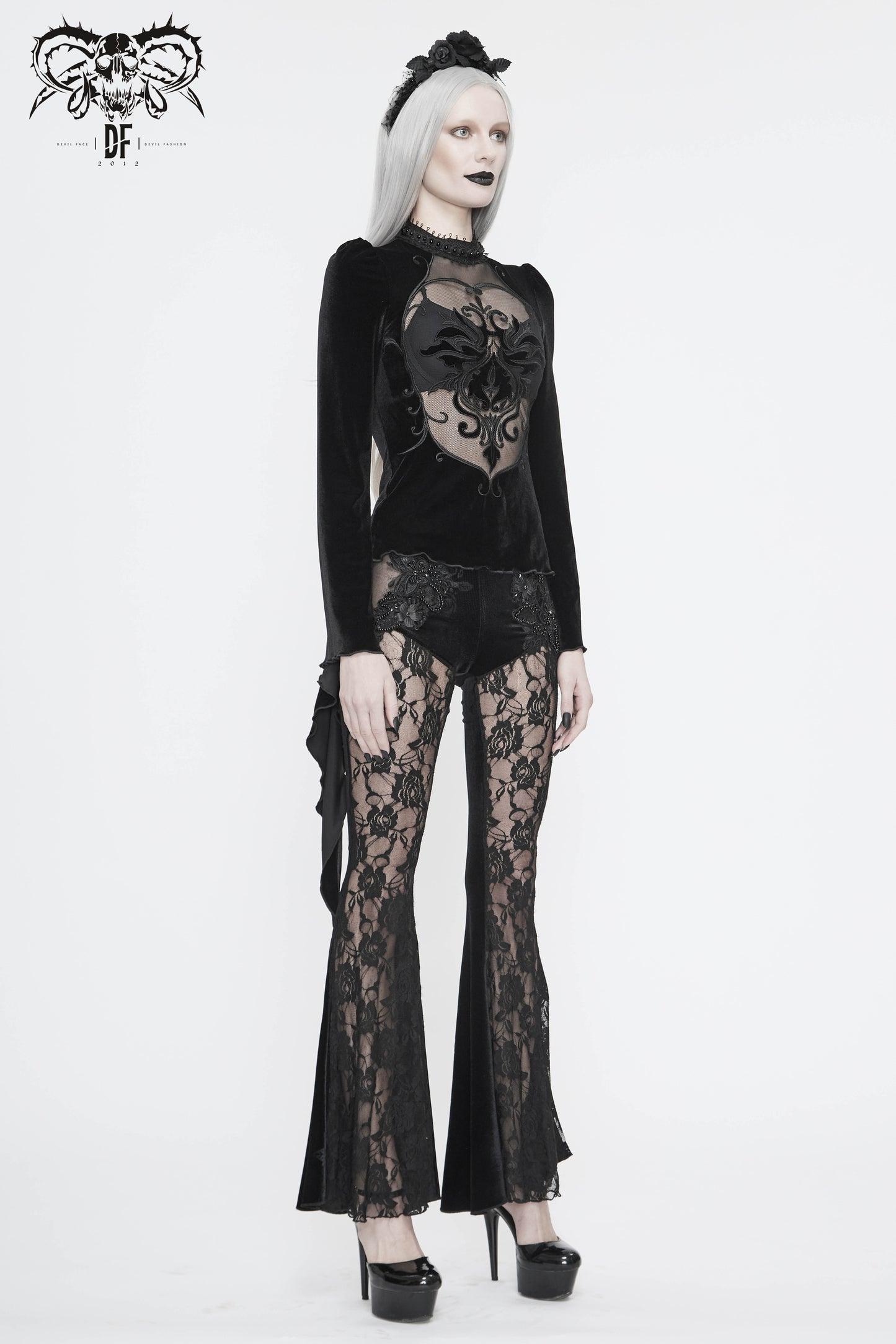 Gothic Black Velvet with Baroque Embroidered Lace Long Sleeves Transparent Tops