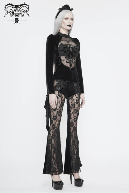 Gothic Black Velvet with Baroque Embroidered Lace Long Sleeves Transparent Tops